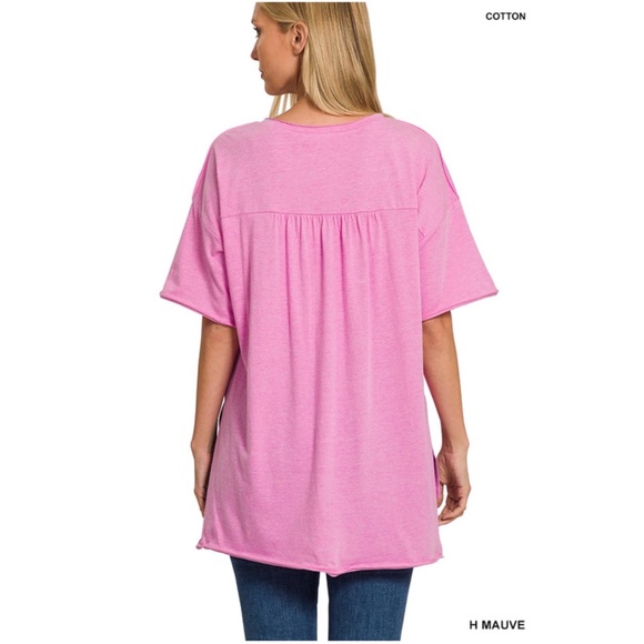 Zenana Solid Raw Edge Side Slit Loose Fit Cotton Tee - Picture 5 of 5